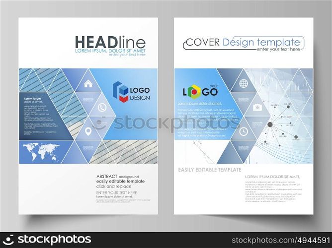 Business templates for brochure, flyer, annual report. Cover design template, vector layout in A4 size. Blue color abstract infographic background with lines, symbols, diagrams and other elements.. Business templates for brochure, magazine, flyer, booklet or annual report. Cover design template, easy editable vector, abstract flat layout in A4 size. Blue color abstract infographic background in minimalist style made from lines, symbols, charts, diagrams and other elements.