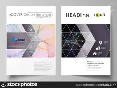Business templates for brochure, flyer, annual report. Cover design template, vector layout in A4 size. Colorful abstract infographic background with lines, symbols, diagrams and other elements.. Business templates for brochure, magazine, flyer, booklet or annual report. Cover design template, easy editable vector, abstract flat layout in A4 size. Colorful abstract infographic background in minimalist style made from lines, symbols, charts, diagrams and other elements.
