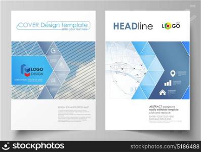 Business templates for brochure, flyer, annual report. Cover design template, vector layout in A4 size. Blue color abstract infographic background with lines, symbols, diagrams and other elements.. Business templates for brochure, magazine, flyer, booklet or annual report. Cover design template, easy editable vector, abstract flat layout in A4 size. Blue color abstract infographic background in minimalist style made from lines, symbols, charts, diagrams and other elements.
