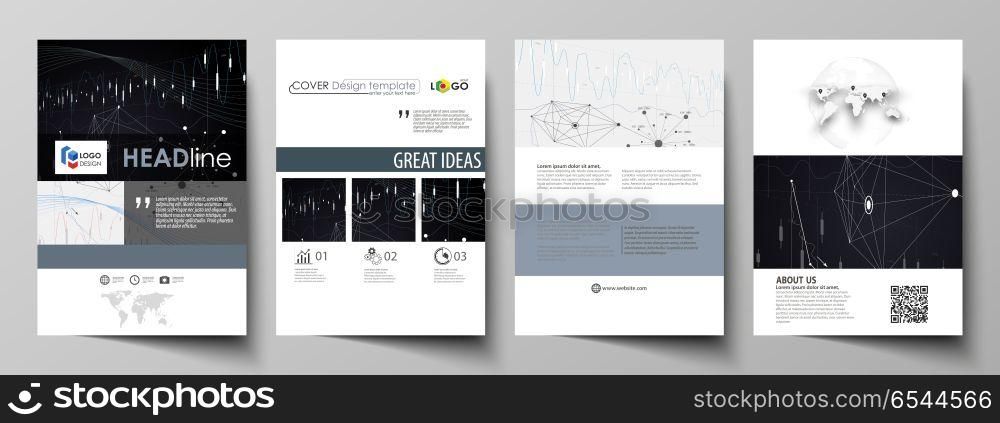Business templates for brochure, flyer, annual report. Cover design template, vector layout in A4 size. Abstract infographic background with lines, symbols, diagrams and other elements.. Business templates for brochure, magazine, flyer, booklet or annual report. Cover design template, easy editable vector, abstract flat layout in A4 size. Abstract infographic background in minimalist style made from lines, symbols, charts, diagrams and other elements.