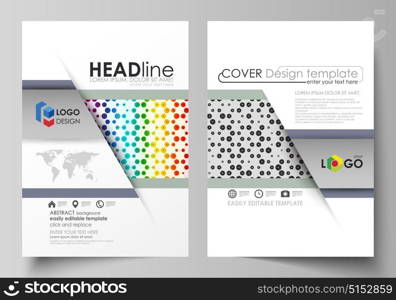 Business templates for brochure, flyer, annual report. Cover template, abstract vector layout in A4 size. Chemistry pattern, hexagonal design molecule structure. Geometric colorful background.. Business templates for brochure, magazine, flyer, booklet or annual report. Cover design template, easy editable vector, abstract flat layout in A4 size. Chemistry pattern, hexagonal design molecule structure, scientific, medical DNA research. Geometric colorful background.