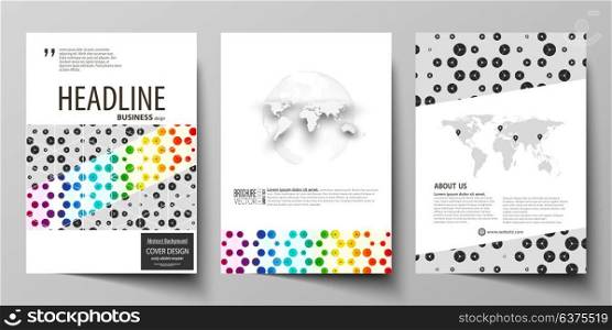 Business templates for brochure, flyer, annual report. Cover template, abstract vector layout in A4 size. Chemistry pattern, hexagonal design molecule structure. Geometric colorful background.. Business templates for brochure, magazine, flyer, booklet or annual report. Cover design template, easy editable vector, abstract flat layout in A4 size. Chemistry pattern, hexagonal design molecule structure, scientific, medical DNA research. Geometric colorful background.