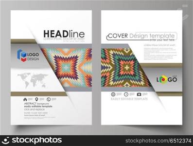 Business templates for brochure, flyer, booklet. Cover design template, abstract vector layout in A4 size. Tribal pattern, geometrical ornament, ethno syle, ethnic backdrop, vintage fashion background. Business templates for brochure, magazine, flyer, booklet or annual report. Cover design template, easy editable vector, abstract flat layout in A4 size. Tribal pattern, geometrical ornament in ethno syle, ethnic hipster backdrop, vintage fashion background.