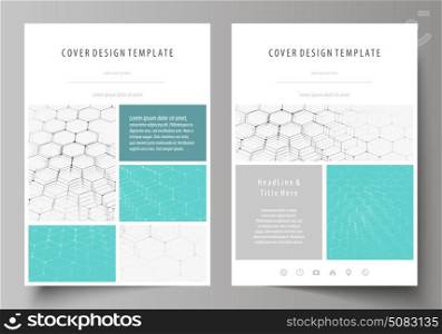 Business templates for brochure, flyer, booklet, report. Cover design template, abstract vector layout in A4 size. Chemistry pattern, hexagonal molecule structure on blue. Medicine, technology concept. Business templates for brochure, magazine, flyer, booklet or annual report. Cover design template, easy editable vector, abstract flat layout in A4 size. Chemistry pattern, hexagonal molecule structure on blue. Medicine, science and technology concept.