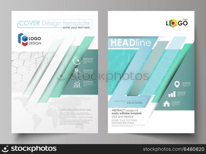 Business templates for brochure, flyer, booklet, report. Cover design template, abstract vector layout in A4 size. Chemistry pattern, hexagonal molecule structure on blue. Medicine, technology concept. Business templates for brochure, magazine, flyer, booklet or annual report. Cover design template, easy editable vector, abstract flat layout in A4 size. Chemistry pattern, hexagonal molecule structure on blue. Medicine, science and technology concept.