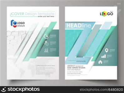 Business templates for brochure, flyer, booklet, report. Cover design template, abstract vector layout in A4 size. Chemistry pattern, hexagonal molecule structure on blue. Medicine, technology concept. Business templates for brochure, magazine, flyer, booklet or annual report. Cover design template, easy editable vector, abstract flat layout in A4 size. Chemistry pattern, hexagonal molecule structure on blue. Medicine, science and technology concept.