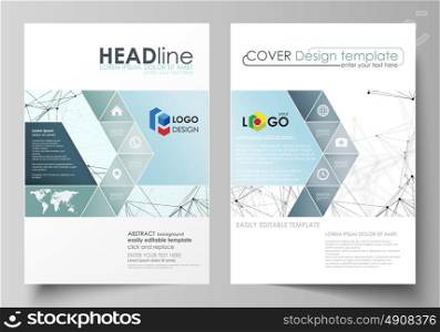 Business templates for brochure, flyer, booklet, report. Cover design template, vector layout in A4 size. Chemistry pattern, connecting lines and dots, molecule structure on white, graphic background.. Business templates for brochure, magazine, flyer, booklet or annual report. Cover design template, easy editable vector, abstract flat layout in A4 size. Chemistry pattern, connecting lines and dots, molecule structure on white, geometric graphic background.