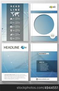 Business templates for brochure, flyer, booklet, report. Cover design template, vector layout in A4 size. Geometric blue color background, molecule structure, science concept. Connected lines and dots. Business templates for brochure, magazine, flyer, booklet or annual report. Cover design template, easy editable vector, abstract flat layout in A4 size. Geometric blue color background, molecule structure, science concept. Connected lines and dots.