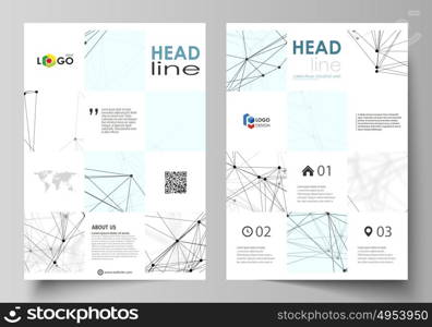 Business templates for brochure, flyer, booklet, report. Cover design template, vector layout in A4 size. Chemistry pattern, connecting lines and dots, molecule structure on white, graphic background.. Business templates for brochure, magazine, flyer, booklet or annual report. Cover design template, easy editable vector, abstract flat layout in A4 size. Chemistry pattern, connecting lines and dots, molecule structure on white, geometric graphic background.