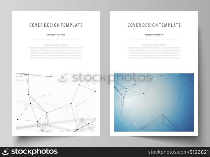 Business templates for brochure, flyer, booklet, report. Cover design template, vector layout in A4 size. Geometric blue color background, molecule structure, science concept. Connected lines and dots. Business templates for brochure, magazine, flyer, booklet or annual report. Cover design template, easy editable vector, abstract flat layout in A4 size. Geometric blue color background, molecule structure, science concept. Connected lines and dots.