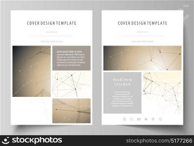 Business templates for brochure, flyer, booklet, report. Cover design template, vector layout in A4 size. Technology, science, medical concept. Golden dots and lines, digital style. Lines plexus.. Business templates for brochure, flyer, booklet, report. Cover design template, vector layout in A4 size. Technology, science, medical concept. Golden dots and lines, digital style. Lines plexus