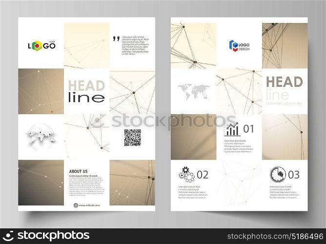 Business templates for brochure, flyer, booklet, report. Cover design template, vector layout in A4 size. Technology, science, medical concept. Golden dots and lines, digital style. Lines plexus.. Business templates for brochure, magazine, flyer, booklet or annual report. Cover design template, easy editable vector, abstract flat layout in A4 size. Technology, science, medical concept. Golden dots and lines, cybernetic digital style. Lines plexus.