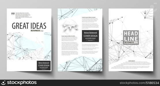 Business templates for brochure, flyer, booklet, report. Cover design template, vector layout in A4 size. Chemistry pattern, connecting lines and dots, molecule structure on white, graphic background.. Business templates for brochure, magazine, flyer, booklet or annual report. Cover design template, easy editable vector, abstract flat layout in A4 size. Chemistry pattern, connecting lines and dots, molecule structure on white, geometric graphic background.