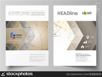 Business templates for brochure, flyer, booklet, report. Cover design template, vector layout in A4 size. Technology, science, medical concept. Golden dots and lines, digital style. Lines plexus.. Business templates for brochure, flyer, booklet, report. Cover design template, vector layout in A4 size. Technology, science, medical concept. Golden dots and lines, digital style. Lines plexus
