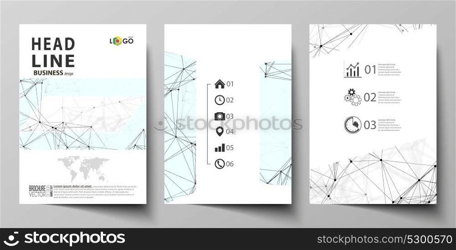 Business templates for brochure, flyer, booklet, report. Cover design template, vector layout in A4 size. Chemistry pattern, connecting lines and dots, molecule structure on white, graphic background.. Business templates for brochure, flyer, booklet, report. Cover design template, vector layout in A4 size. Chemistry pattern, connecting lines and dots, molecule structure on white, graphic background