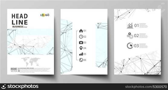Business templates for brochure, flyer, booklet, report. Cover design template, vector layout in A4 size. Chemistry pattern, connecting lines and dots, molecule structure on white, graphic background.. Business templates for brochure, flyer, booklet, report. Cover design template, vector layout in A4 size. Chemistry pattern, connecting lines and dots, molecule structure on white, graphic background