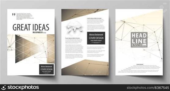 Business templates for brochure, flyer, booklet, report. Cover design template, vector layout in A4 size. Technology, science, medical concept. Golden dots and lines, digital style. Lines plexus.. Business templates for brochure, magazine, flyer, booklet or annual report. Cover design template, easy editable vector, abstract flat layout in A4 size. Technology, science, medical concept. Golden dots and lines, cybernetic digital style. Lines plexus.