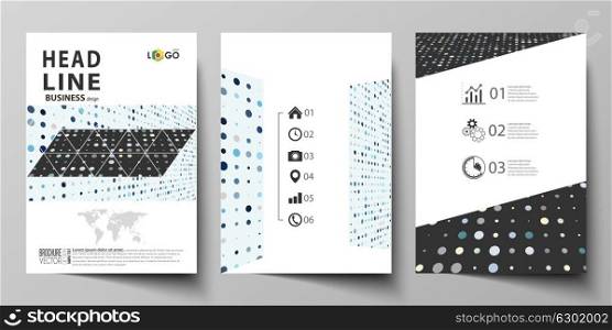 Business templates for brochure, flyer, booklet, report. Cover template, abstract layout in A4 size. Soft color dots with illusion of depth and perspective, dotted background. Elegant vector design.. Business templates for brochure, magazine, flyer, booklet or annual report. Cover design template, easy editable vector, abstract flat layout in A4 size. Abstract soft color dots with illusion of depth and perspective, dotted technology background. Multicolored particles, modern pattern, elegant texture, vector design.