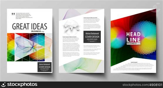 Business templates for brochure, flyer, booklet, report. Cover template, flat vector layout in A4 size. Colorful design, overlapping geometric shapes and waves forming abstract beautiful background.. Business templates for brochure, magazine, flyer, booklet or annual report. Cover design template, easy editable vector, abstract flat layout in A4 size. Colorful design with overlapping geometric shapes and waves forming abstract beautiful background.