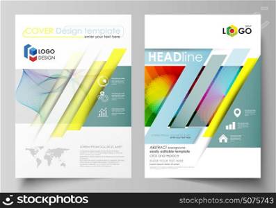 Business templates for brochure, flyer, booklet, report. Cover template, flat vector layout in A4 size. Colorful design, overlapping geometric shapes and waves forming abstract beautiful background.. Business templates for brochure, magazine, flyer, booklet or annual report. Cover design template, easy editable vector, abstract flat layout in A4 size. Colorful design with overlapping geometric shapes and waves forming abstract beautiful background.