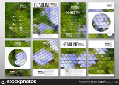 Business templates for brochure, flyer or booklet. Blue flowers on the grass. Collection of abstract multicolored backgrounds. Natural geometrical patterns. Triangular style vector.