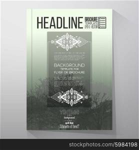 Business templates for brochure, flyer or booklet. Vintage forest background with tribal style frame and place for text. Vector illustration.