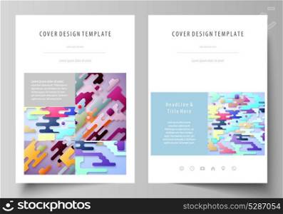 Business templates for brochure, flyer, report. Cover design template, abstract vector layout in A4 size. Bright color lines and dots, minimalist backdrop, geometric shapes, minimalistic background.. Business templates for brochure, flyer, report. Cover design template, abstract vector layout in A4 size. Bright color lines and dots, minimalist backdrop, geometric shapes, minimalistic background