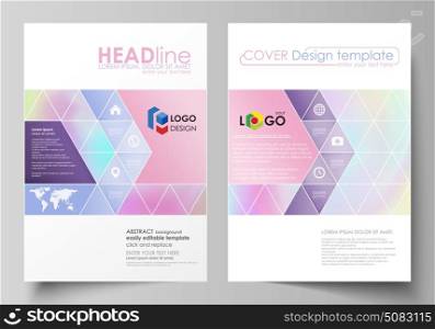 Business templates for brochure, flyer, report. Cover design template, vector layout in A4 size. Hologram, background in pastel colors, holographic effect. Blurred colorful pattern, futuristic texture. Business templates for brochure, magazine, flyer, booklet or annual report. Cover design template, easy editable vector, abstract flat layout in A4 size. Hologram, background in pastel colors with holographic effect. Blurred colorful pattern, futuristic surreal texture.