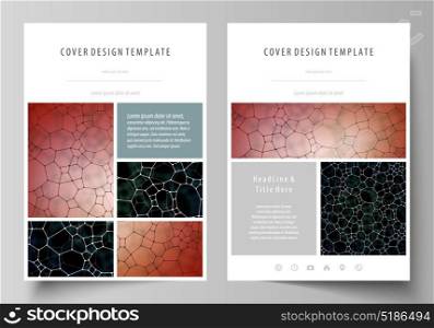 Business templates for brochure, flyer, report. Cover design template, vector layout in A4 size. Chemistry pattern, molecular texture, polygonal molecule structure, cell. Medicine microbiology concept. Business templates for brochure, magazine, flyer, booklet or annual report. Cover design template, easy editable vector, abstract flat layout in A4 size. Chemistry pattern, molecular texture, polygonal molecule structure, cell. Medicine, science, microbiology concept.