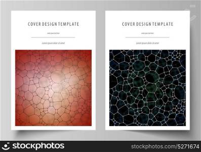 Business templates for brochure, flyer, report. Cover design template, vector layout in A4 size. Chemistry pattern, molecular texture, polygonal molecule structure, cell. Medicine microbiology concept. Business templates for brochure, flyer or report. Cover design template, vector layout, A4 size. Chemistry pattern, molecular texture, polygonal molecule structure, cell. Medicine microbiology concept