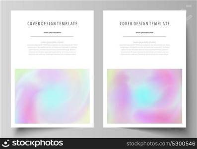 Business templates for brochure, flyer, report. Cover design template, vector layout in A4 size. Hologram, background in pastel colors, holographic effect. Blurred colorful pattern, futuristic texture. Business templates for brochure, flyer, report. Cover design template, vector layout, A4 size. Hologram, background in pastel colors, holographic effect. Blurred colorful pattern, futuristic texture