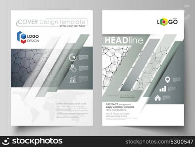 Business templates for brochure, flyer, report. Cover design template, vector layout in A4 size. Chemistry pattern, molecular texture, polygonal molecule structure, cell. Medicine microbiology concept.. Business templates for brochure, flyer, report. Cover design template, vector layout in A4 size. Chemistry pattern, molecular texture, polygonal molecule structure, cell. Medicine microbiology concept