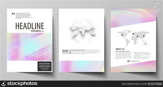 Business templates for brochure, flyer, report. Cover design template, vector layout in A4 size. Hologram, background in pastel colors, holographic effect. Blurred colorful pattern, futuristic texture. Business templates for brochure, magazine, flyer, booklet or annual report. Cover design template, easy editable vector, abstract flat layout in A4 size. Hologram, background in pastel colors with holographic effect. Blurred colorful pattern, futuristic surreal texture.