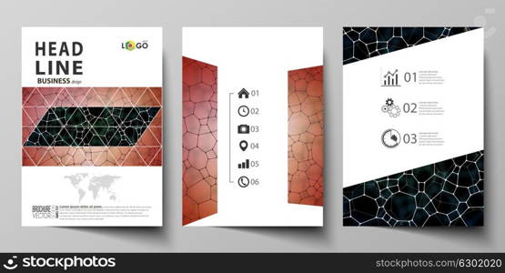 Business templates for brochure, flyer, report. Cover design template, vector layout in A4 size. Chemistry pattern, molecular texture, polygonal molecule structure, cell. Medicine microbiology concept. Business templates for brochure, magazine, flyer, booklet or annual report. Cover design template, easy editable vector, abstract flat layout in A4 size. Chemistry pattern, molecular texture, polygonal molecule structure, cell. Medicine, science, microbiology concept.