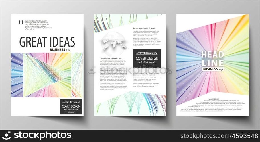 Business templates for brochure, magazine, flyer, annual report. Cover template, easy editable vector, flat layout in A4 size. Colorful background with abstract waves, lines. Bright color curves. Motion design.