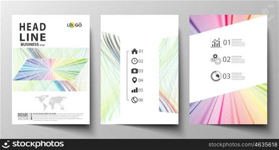 Business templates for brochure, magazine, flyer, annual report. Cover template, easy editable vector, flat layout in A4 size. Colorful background with abstract waves, lines. Bright color curves. Motion design.