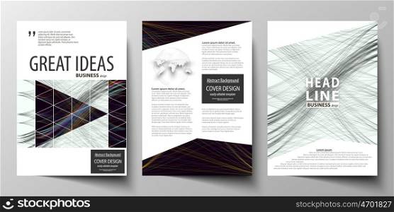 Business templates for brochure, magazine, flyer, annual report. Cover template, easy editable vector, flat layout in A4 size. Abstract waves, lines and curves. Dark color background. Motion design