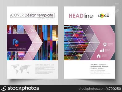 Business templates for brochure, magazine, flyer, annual report. Cover design template, abstract vector layout in A4 size. Glitched background made of colorful pixel mosaic. Digital decay, signal error, television fail. Trendy glitch backdrop.