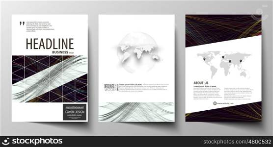 Business templates for brochure, magazine, flyer, annual report. Cover template, easy editable vector, flat layout in A4 size. Abstract waves, lines and curves. Dark color background. Motion design