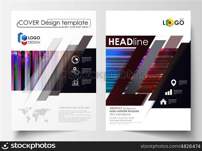Business templates for brochure, magazine, flyer, annual report. Cover design template, abstract vector layout in A4 size. Glitched background made of colorful pixel mosaic. Digital decay, signal error, television fail. Trendy glitch backdrop.