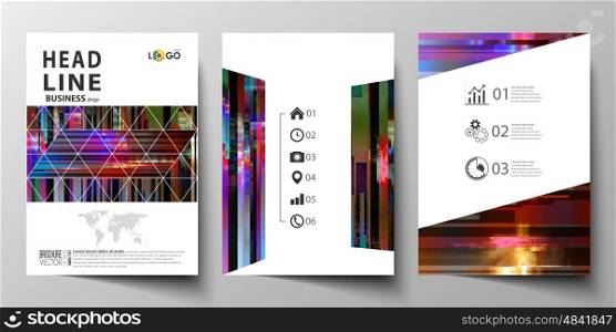 Business templates for brochure, magazine, flyer, annual report. Cover design template, abstract vector layout in A4 size. Glitched background made of colorful pixel mosaic. Digital decay, signal error, television fail. Trendy glitch backdrop.
