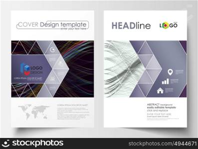 Business templates for brochure, magazine, flyer, annual report. Cover template, easy editable vector, flat layout in A4 size. Abstract waves, lines and curves. Dark color background. Motion design.. Business templates for brochure, magazine, flyer, annual report. Cover template, easy editable vector, flat layout in A4 size. Abstract waves, lines and curves. Dark color background. Motion design