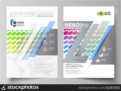 Business templates for brochure, magazine, flyer, annual report. Cover design template, vector layout in A4 size. Colorful rectangles, moving dynamic shapes forming abstract polygonal style background. Business templates for brochure, magazine, flyer, annual report. Cover design template, vector layout, A4 size. Colorful rectangles, moving dynamic shapes forming abstract polygonal style background