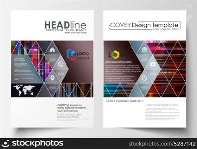 Business templates for brochure, magazine, flyer, annual report. Cover design template, abstract vector layout in A4 size. Glitched background made of colorful pixel mosaic. Trendy glitch backdrop.. Business templates for brochure, magazine, flyer, annual report. Cover design template, abstract vector layout in A4 size. Glitched background made of colorful pixel mosaic. Trendy glitch backdrop