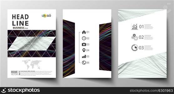 Business templates for brochure, magazine, flyer, annual report. Cover template, easy editable vector, flat layout in A4 size. Abstract waves, lines and curves. Dark color background. Motion design. Business templates for brochure, magazine, flyer, annual report. Cover template, easy editable vector, flat layout in A4 size. Abstract waves, lines and curves. Dark color background. Motion design.