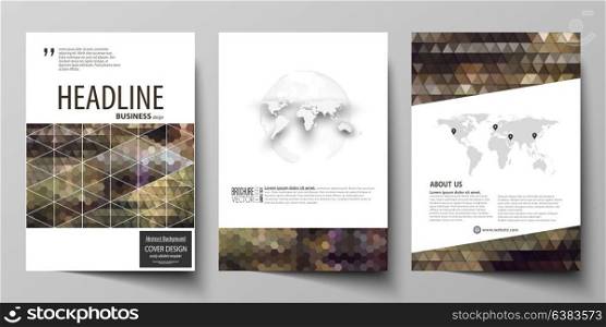 Business templates for brochure, magazine, flyer, annual report. Cover design template, vector layout in A4 size. Abstract backgrounds. Geometrical patterns. Triangular and hexagonal style.. Business templates for brochure, magazine, flyer, booklet or annual report. Cover design template, easy editable vector, abstract flat layout in A4 size. Abstract backgrounds. Geometrical patterns. Triangular and hexagonal style.
