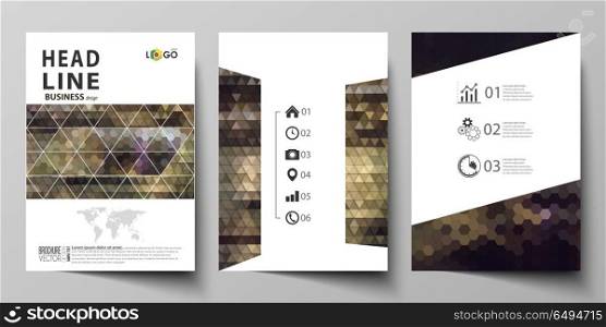 Business templates for brochure, magazine, flyer, annual report. Cover design template, vector layout in A4 size. Abstract backgrounds. Geometrical patterns. Triangular and hexagonal style.. Business templates for brochure, magazine, flyer, booklet or annual report. Cover design template, easy editable vector, abstract flat layout in A4 size. Abstract backgrounds. Geometrical patterns. Triangular and hexagonal style.