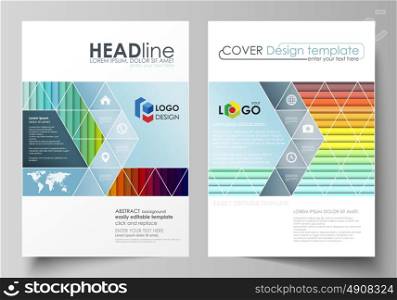 Business templates for brochure, magazine, flyer, annual report. Cover template, vector layout in A4 size. Bright color rectangles, colorful design, rectangular shapes, abstract beautiful background.. Business templates for brochure, magazine, flyer, booklet or annual report. Cover design template, easy editable vector, abstract flat layout in A4 size. Bright color rectangles, colorful design with overlapping geometric rectangular shapes forming abstract beautiful background.