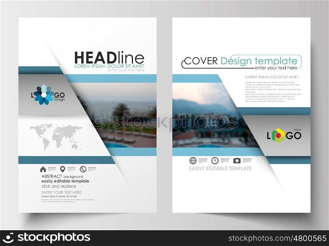 Business templates for brochure, magazine, flyer, booklet. Cover design, abstract flat style travel decoration layout in A4 size, easy editable vector template, colorful blurred natural landscape