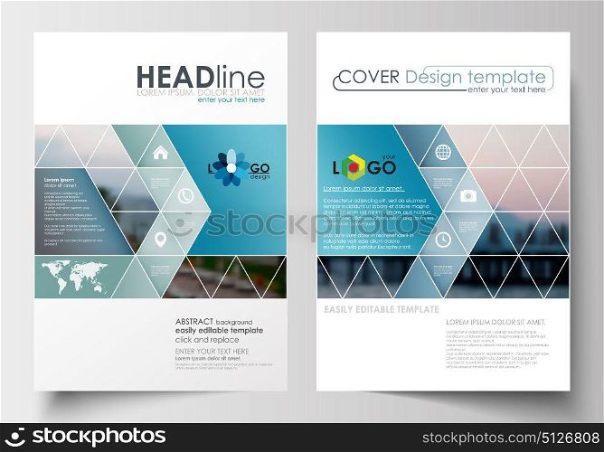 Business templates for brochure, magazine, flyer, booklet. Cover design, abstract flat style travel decoration layout in A4 size, easy editable vector template, colorful blurred natural landscape.. Business templates for brochure, magazine, flyer, booklet. Cover design, abstract flat style travel decoration layout in A4 size, easy editable vector template, colorful blurred natural landscape